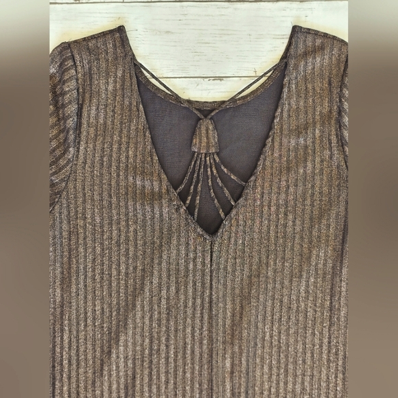 She + Sky Bronze Metallic Gold Brown Ribbed Swing Strappy Back Dress Size Large - Picture 11 of 11